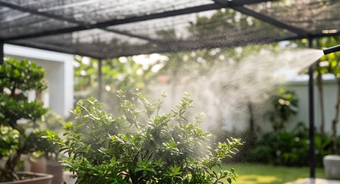 Bình xịt phun sương nhẹ làm mát tán lá bị khô cháy viền trong khu vực sân râm mát