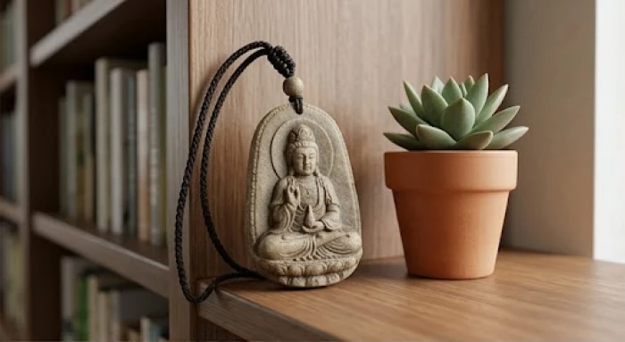 Tôn tượng Phật bản mệnh được đặt trang trọng trên kệ sách cao ráo bằng gỗ