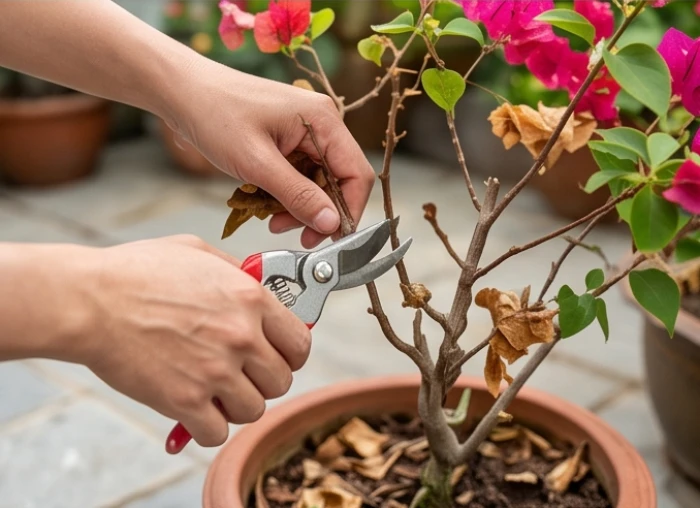 Kéo tỉa cành bén nhọn đang cắt chính xác đoạn cành hoa giấy héo úa cách phần thân tươi khỏe hai centimet