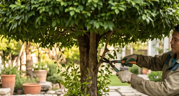 Một người thợ đang dùng kéo chuyên dụng cắt bỏ các cành cây mọc thấp dưới hai mét dọc theo lối đi