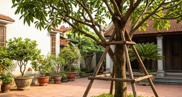 Tán lá cây bóng mát trước sân được cắt tỉa gọn gàng thưa thớt cùng bộ cọc chống neo cố định vào thân vững chãi