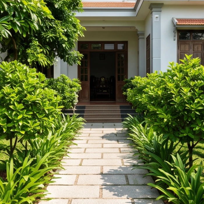 Không gian lối vào nhà được dọn dẹp quang đãng với các chậu cây cảnh được cắt tỉa gọn gàng