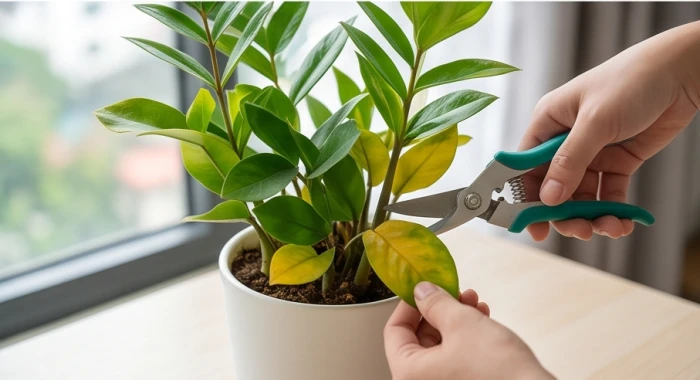 Bàn tay cẩn thận dùng kéo sắc cắt tỉa phần lá úa vàng của chậu cây cảnh để bàn