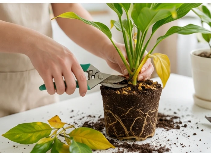 Người làm vườn đang cắt tỉa phần lá úa vàng và kiểm tra rễ chậu cây cảnh trong nhà để loại bỏ nguồn năng lượng xấu