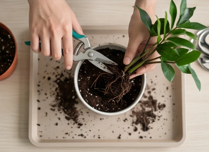 Thao tác dùng kéo sạch lau cồn tỉa phần rễ thối màu nâu đen trước khi trồng lại vào đất mới cho cây phong thủy để bàn