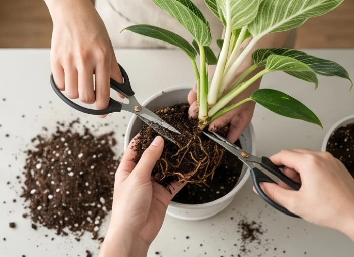 Quy trình dùng kéo cắt tỉa phần rễ thối đen và thay hỗn hợp đất tơi xốp xơ dừa rễ mới khỏe cho chậu cảnh