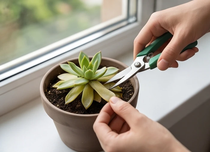 Tay cầm kéo sắc đã tiệt trùng nhẹ nhàng cắt bỏ phần lá Sen Đá vàng nhũn hỏng nhằm cứu hệ rễ cây