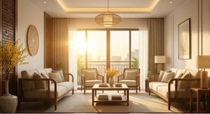 Không gian phòng khách ngập tràn ánh nắng ban mai rực rỡ mang đến sinh khí và nguồn năng lượng tích cực