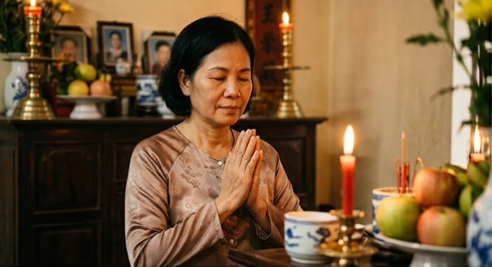 Ánh nến lung linh hắt lên khuôn mặt thành tâm của người con đang đứng trước linh án cầu thọ cho đấng sinh thành
