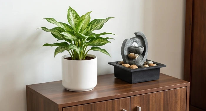 Chậu cây bạch mã hoàng tử lá gân trắng trồng trong chậu sứ trắng sang trọng đặt cạnh tiểu cảnh nước