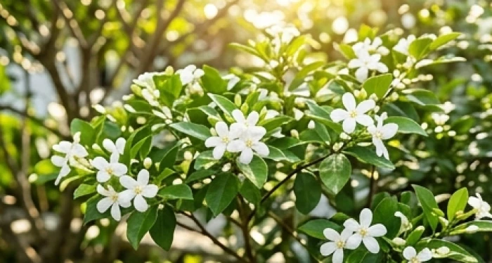Bụi cây bạch thiên hương với những đóa hoa trắng tinh khôi và tán lá xanh bóng khoe sắc dưới nắng hè sân trước