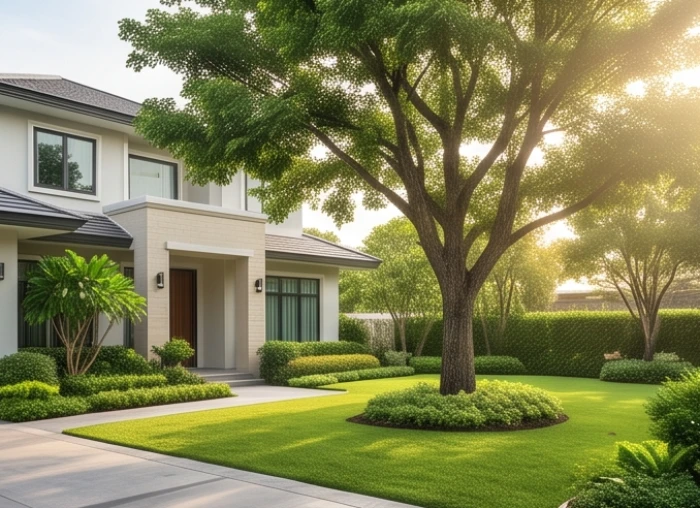 Không gian mặt tiền nhà thoáng đãng với cây xanh thân gỗ lớn tỏa bóng mát giúp luân chuyển sinh khí