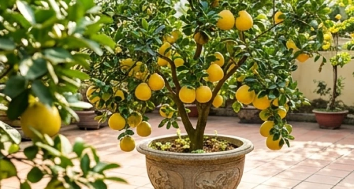 Chậu bưởi cảnh trĩu quả chín vàng đặt bên góc trái hiên nhà trên sân gạch đón ánh nắng rực rỡ