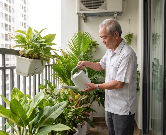 Ban công hướng Tây Nam bố trí các chậu cây xanh lá to giúp nam gia chủ tuổi Canh Dần thu hút cát khí