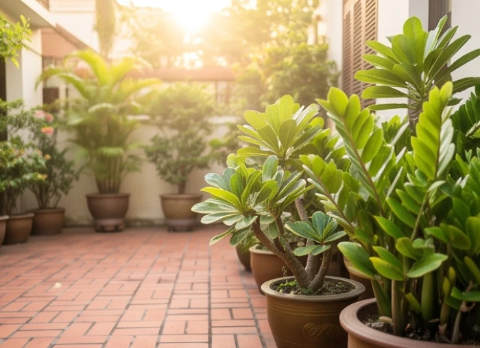Các chậu cây cảnh chịu nắng ngoài trời có lá sừng cứng cáp được bố trí gọn gàng tại khoảng sân gạch
