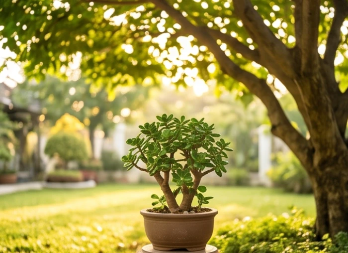Một chậu cây ngọc bích viền vàng được đặt khéo léo dưới tán lá rộng của một cây lộc vừng vạm vỡ