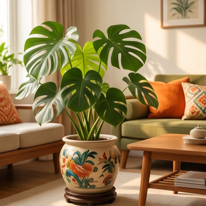 Chậu cây trầu bà lá xẻ tươi tốt được đặt cạnh bàn gỗ trong phòng khách giúp điều hòa luồng khí