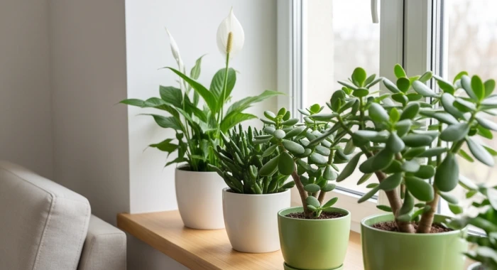 Các chậu cây trồng trong nhà hợp tuổi dậu gồm lan ý và kim tiền tươi tốt đặt gần cửa sổ đón ánh sáng tự nhiên