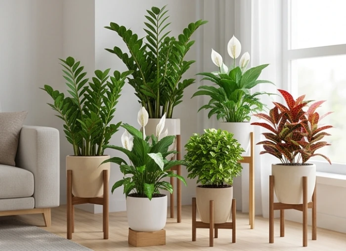 Bộ sưu tập các chậu cây phong thủy như kim tiền, lan ý và phú quý hợp bản mệnh ngũ hành đặt trong phòng khách