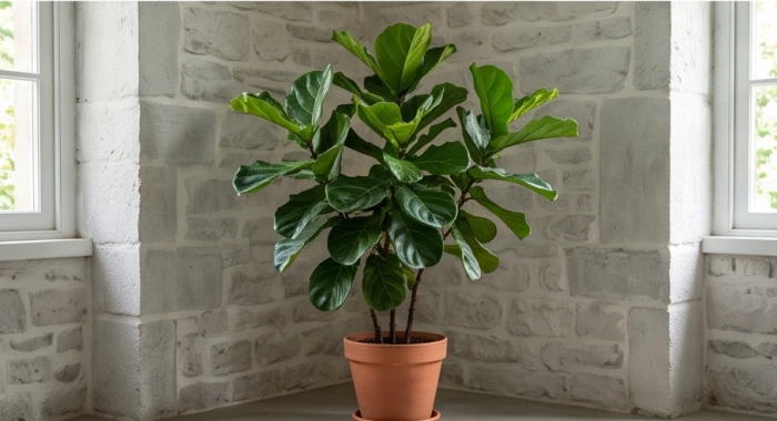 Một chậu cây trầu bà lá to xanh mướt được đặt khéo léo góc phòng để cân bằng với mảng tường ốp đá màu xám bạc