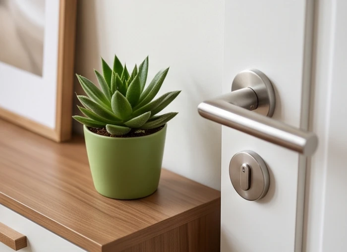 Chậu cây xanh nhỏ đặt cạnh tay nắm cửa kim loại sáng bóng trên nền tường trắng thanh khiết