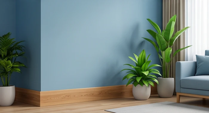 Len chân tường gỗ tự nhiên kết hợp chậu cây cảnh hóa giải mảng tường xanh dương kỵ mệnh