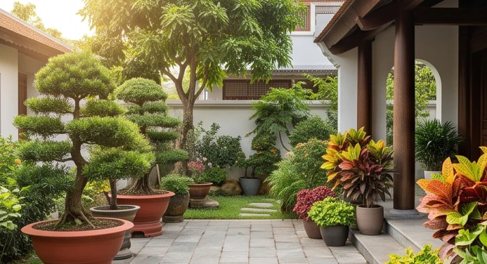 Góc sân trước nhà trồng các chậu tùng la hán và thiết mộc lan chịu nắng gắt cực tốt