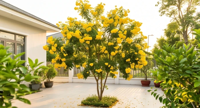 Cây chuông vàng nở rực rỡ dưới nắng gắt trồng trong khuôn viên sân trước hợp mệnh kim