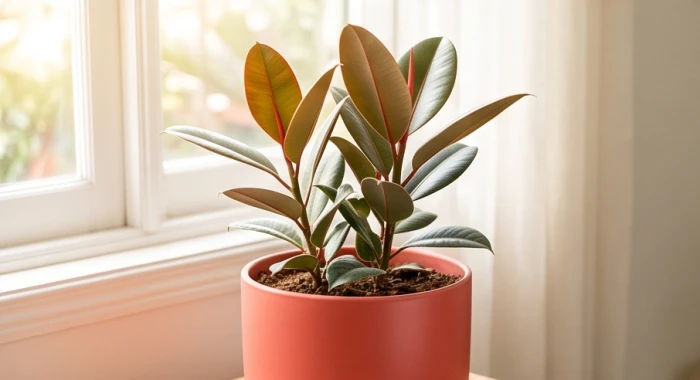 Chậu cây đa búp đỏ với phiến lá sang trọng trồng trong chậu gốm sứ màu đỏ san hô hợp mệnh Hỏa