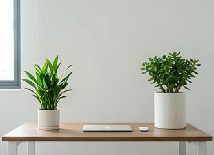 Góc bàn làm việc sạch sẽ ngăn nắp với chậu cây xanh tươi gọn gàng không có gai nhọn hay dây leo chằng chịt