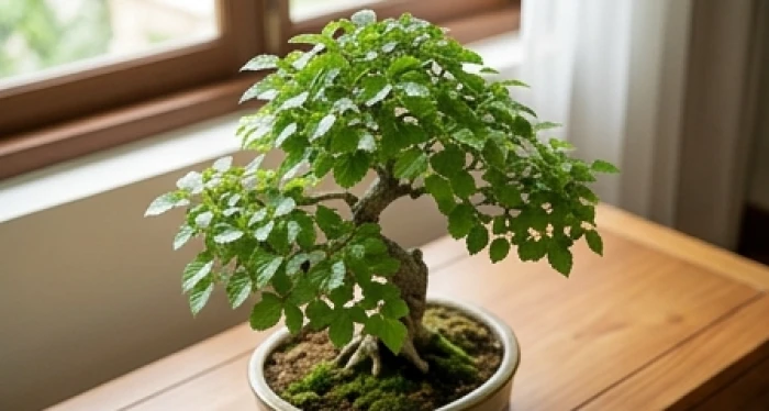 Chậu bonsai cây dâu tằm xanh mướt trên bàn trà gỗ tự nhiên thể hiện sự dẻo dai của nạp âm Tang Đố Mộc