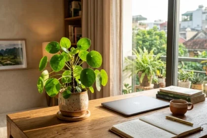 Chậu cây để bàn hợp tuổi dần được bố trí thanh lịch trên bàn làm việc văn phòng