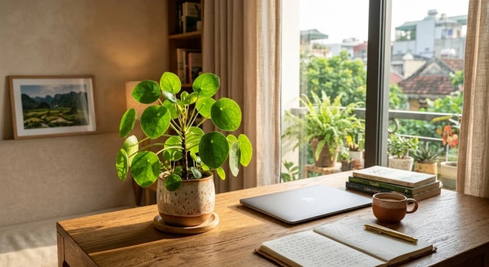Chậu cây để bàn hợp tuổi dần được bố trí thanh lịch trên bàn làm việc văn phòng