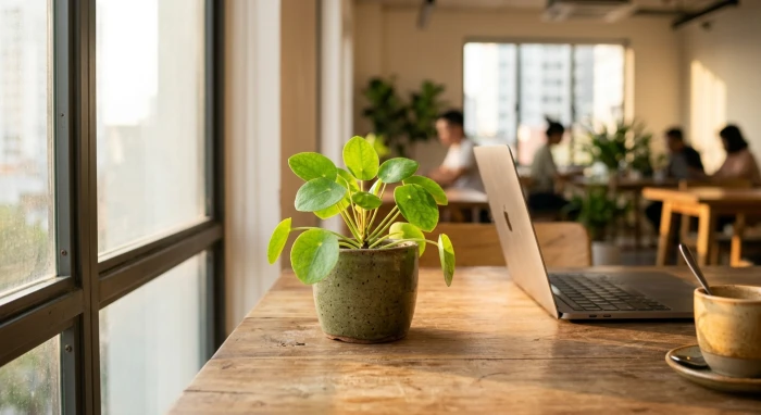 Chậu cây để bàn hợp tuổi hợi tươi tốt đặt cạnh máy tính trong không gian văn phòng làm việc hiện đại