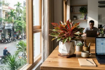 Chậu cây vạn lộc lá đỏ trồng trong chậu gốm góc cạnh là mẫu cây để bàn hợp tuổi mão giúp cân bằng năng lượng