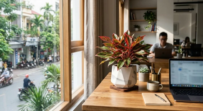 Chậu cây vạn lộc lá đỏ trồng trong chậu gốm góc cạnh là mẫu cây để bàn hợp tuổi mão giúp cân bằng năng lượng