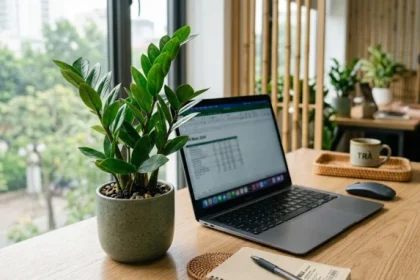 Chậu cây để bàn hợp tuổi Mùi đặt cạnh máy tính xách tay trong không gian văn phòng hiện đại ánh sáng tự nhiên