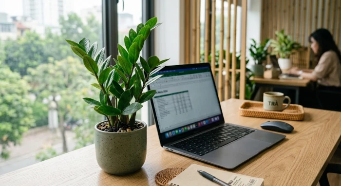Chậu cây để bàn hợp tuổi Mùi đặt cạnh máy tính xách tay trong không gian văn phòng hiện đại ánh sáng tự nhiên