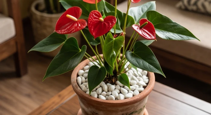 Chậu hoa hồng môn đất nung rải sỏi trắng đặt trên bàn làm việc hỗ trợ sinh khí cho Bích Thượng Thổ