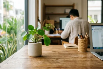 Chậu cây phong thủy nhỏ gọn đặt ở góc bàn làm việc là mẫu cây để bàn hợp tuổi tuất giúp cân bằng sinh khí
