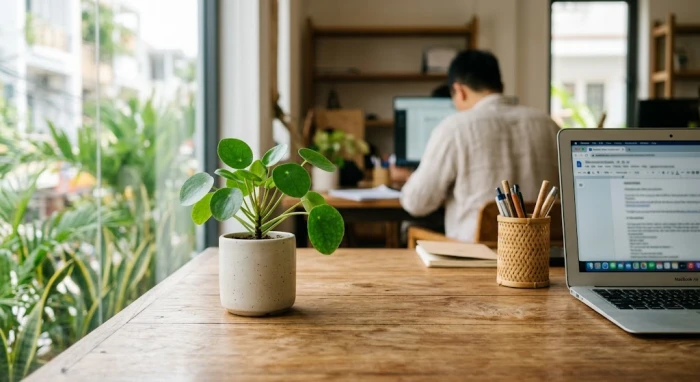 Chậu cây phong thủy nhỏ gọn đặt ở góc bàn làm việc là mẫu cây để bàn hợp tuổi tuất giúp cân bằng sinh khí