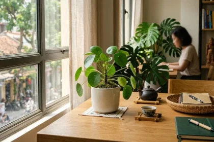 Chậu cây để bàn hợp tuổi tỵ xanh mát đặt trên bàn làm việc hiện đại giúp mang lại sự thư thái