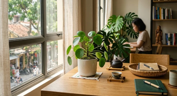 Chậu cây để bàn hợp tuổi tỵ xanh mát đặt trên bàn làm việc hiện đại giúp mang lại sự thư thái