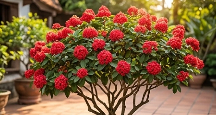 Bụi cây Mẫu Đơn ta được cắt tỉa tròn trịa nở đầy những chùm hoa đỏ rực rỡ dưới nắng ngoài sân vườn