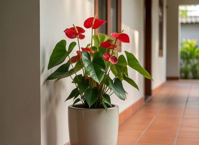 Chậu hoa hồng môn đỏ rực rỡ với lá xanh bóng đặt sát vách tường dưới mái hiên thoáng mát