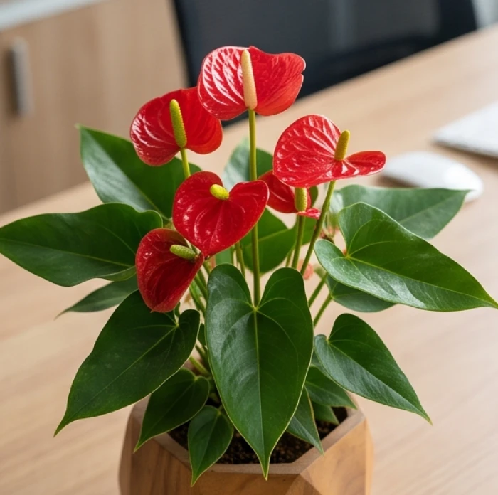 Chậu cây hồng môn với những đóa hoa màu đỏ tươi và lá xanh đậm đặt trên bàn làm việc gỗ