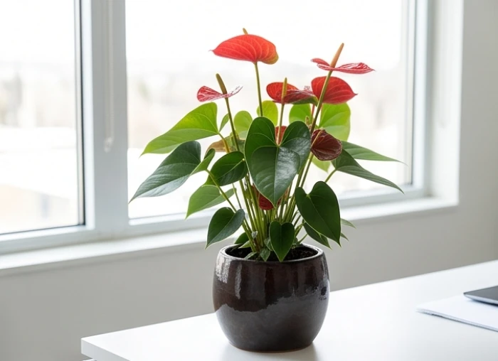 Chậu cây hồng môn đỏ rực rỡ khoe sắc dưới ánh sáng hắt nhẹ từ cửa sổ văn phòng