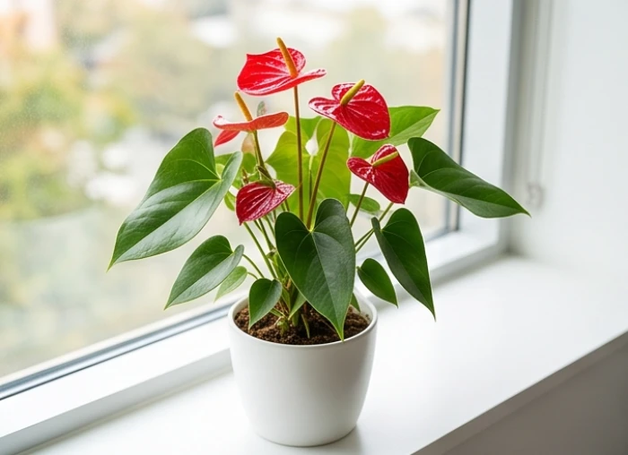 Chậu cây Hồng Môn hoa đỏ hình trái tim rực rỡ và hoa Trạng Nguyên tươi tắn hợp mệnh Thích Lịch Hỏa