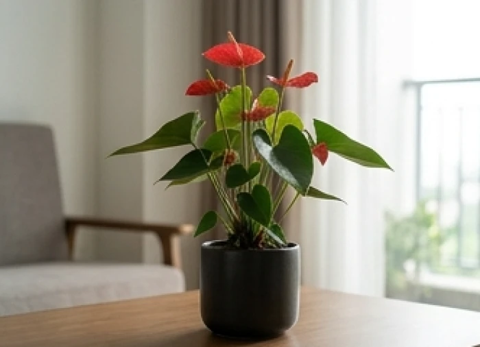 Chậu cây hồng môn đỏ rực rỡ tượng trưng cho hành Hỏa mang lại sinh khí tốt lành cho người tuổi Thân