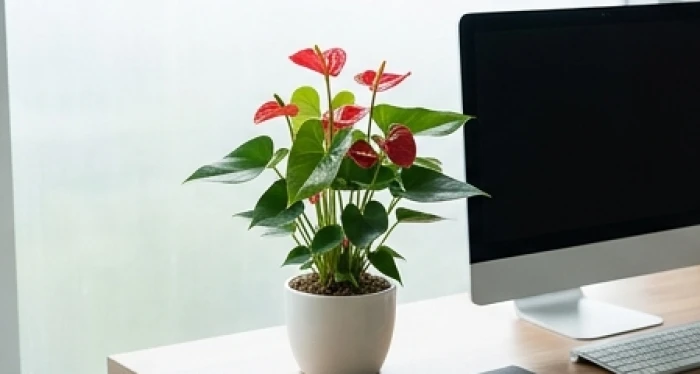 Chậu cây hồng môn hoa đỏ rực rỡ dáng nhỏ gọn đặt sát góc bàn làm việc văn phòng hợp người tuổi Tý mệnh Hỏa